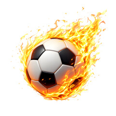 A soccer ball surrounded by flames on a black background in a digital rendering