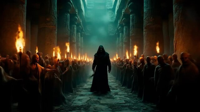 Dark cult in ancient temple. Spooky visions of hell video. VJ and music clips.