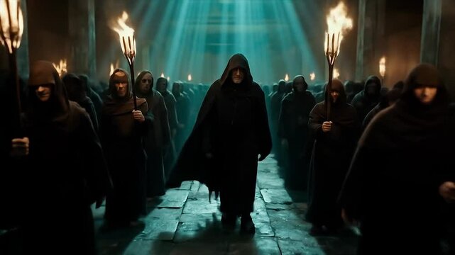 Dark cult in ancient temple. Spooky visions of hell video. VJ and music clips.