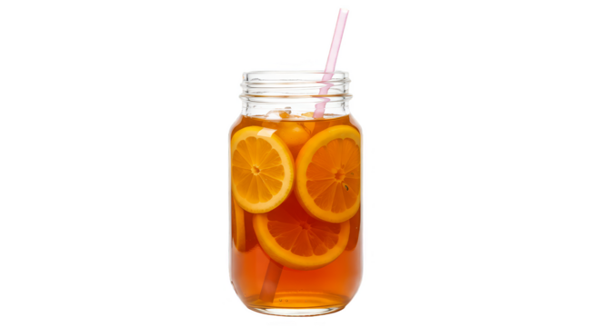 Isolated Transparent Jar Filled with Refreshing Orange Drink Cocktail