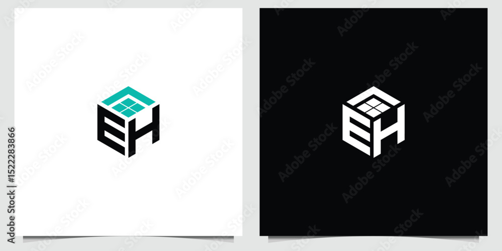 Poster abstract eh initial logo cube design with a house window concept