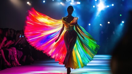Model on runway in fashionable neon-style clothing