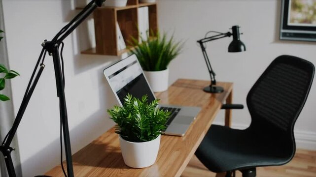Modern home office workspace with wooden desk, black chair, laptop, desk lamp, and green plant for calm and fresh setup