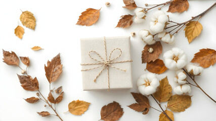 Autumn and winter gift composition with dry leaves and cotton flowers on white background. Flat lay top view with copy space.
