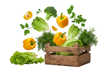 Isolated Vegetables in Wooden Crate with Lettuce Pepper Broccoli PNG