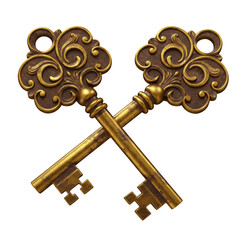Isolated Vintage Golden Ornate Crossed Keys Illustration on Transparent Background
