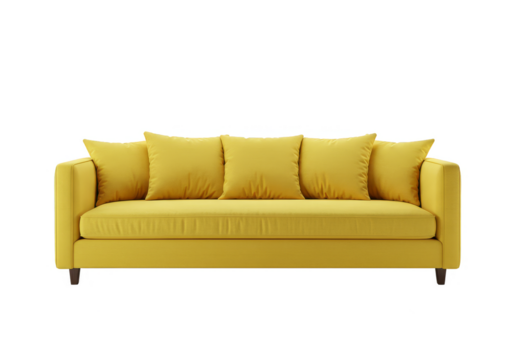 Isolated Yellow Sofa Couch With Cushions on Transparent Background 3D - Powered by Adobe