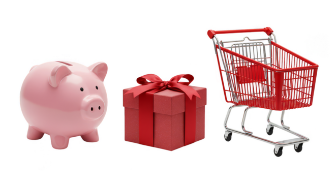 Isolated Transparent Gift Shopping Cart and Piggy Bank Still Life