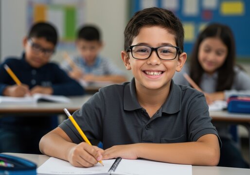 A cheerful student is focused on his homework while attending class with other students.