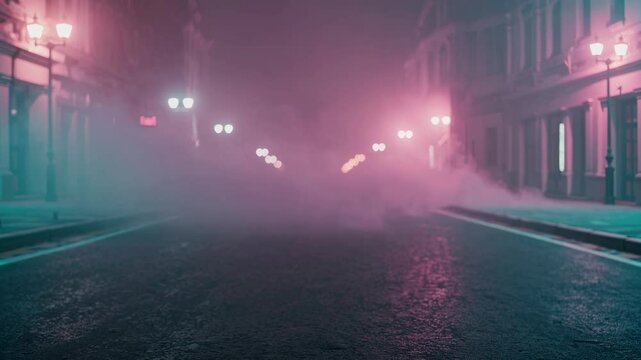 Mysterious misty urban night: glowing lights and empty street atmosphere.