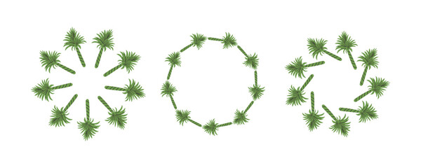 Set of round frames made of tropical palms. Simple natural leaf design. Vector decoration template for cards, wedding invitations and birthday greetings.