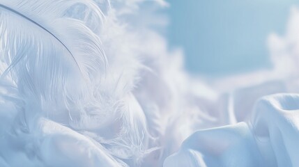 Obraz premium A top view of white feathers on white fabric background, a feather floating in the air, minimal composition