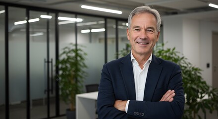 Smiling mature businessman with arms crossed, standing confidently in a modern office setting.