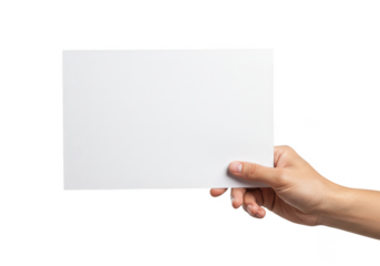 Photo of Hand Holding White Blank Paper Sheet Against Transparent Background