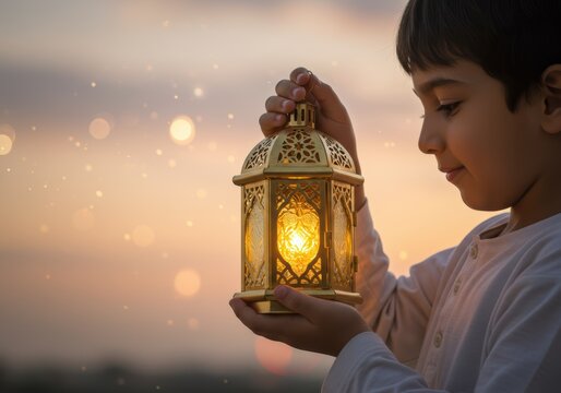 A young boy reverently holds a glowing golden lantern during sunset, radiating peace and hope.