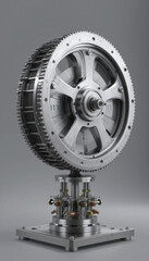 Fototapeta premium This features detailed view of metallic industrial machine component, possibly turbine or motor, showcasing intricate engineering and mechanical design. component is mounted sturdy base