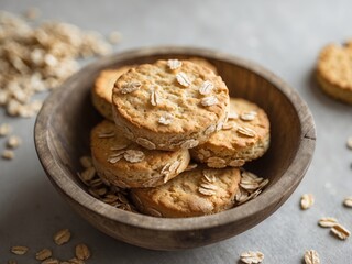 Obraz premium Delicious Homemade Oatmeal Cookies Stacked in a Rustic Wooden Bowl, Perfect for Snack.