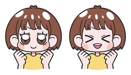 頑張る・喜ぶポーズの女の子、イラストセット