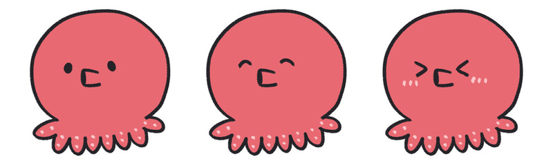 タコのゆるいキャラクターイラスト、表情3種セット