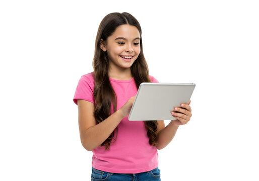 Png Portrait Of Smiling Girl Interacting With Digital Tablet On Transparent