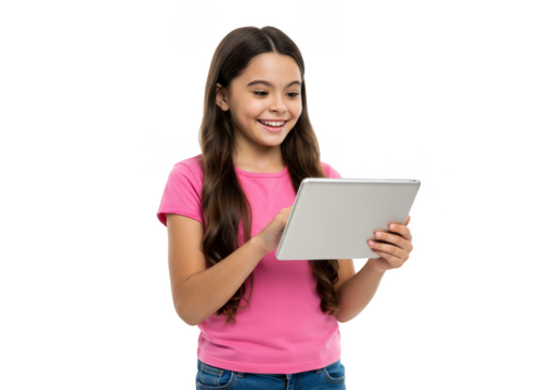 Png Portrait Of Smiling Girl Interacting With Digital Tablet On Transparent
