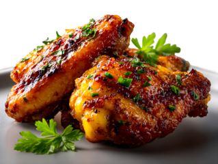 Two grilled chicken wings placed side-by-side, crispy and spiced, isolated on transparent background --ar 4:3 --v 7.0 --p 537mr6h --s 250