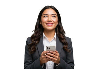 Portrait Of Young Brunette Woman With Smartphone Isolated On Transparent