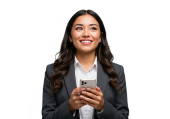 Portrait Of Young Brunette Woman With Smartphone Isolated On Transparent