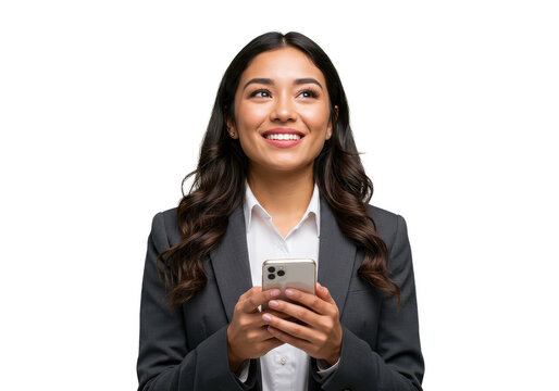Portrait Of Young Brunette Woman With Smartphone Isolated On Transparent