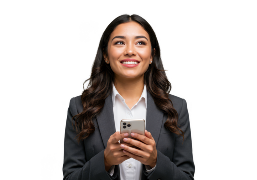 Portrait Of Young Brunette Woman With Smartphone Isolated On Transparent - Powered by Adobe