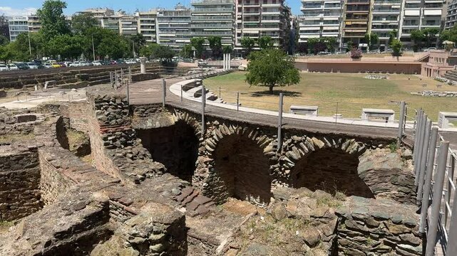 roman aqueduct market in the city thessaloniki in greece 4k