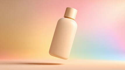 Matte beige bottle floating above pastel toned background creates serene and modern aesthetic. soft colors evoke sense of calm and tranquility, perfect for beauty or skincare products