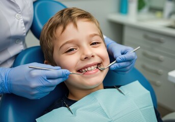 Fototapeta premium A cheerful boy at the dentist, receiving a checkup and dental care.