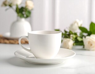 White coffee cup on marble table with roses