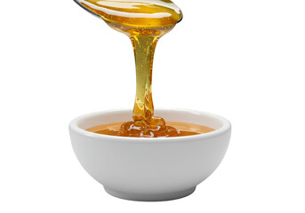 Liquid Honey Dripping From Spoon Into White Bowl on Transparent Background