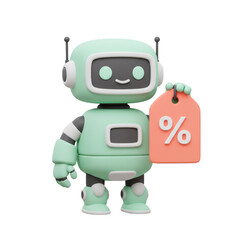 Mint Robot Holding a Percentage Tag Promotion 3D Rendering Illustration