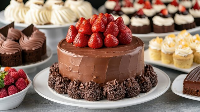 A rich chocolate cake topped with fresh strawberries, surrounded by assorted desserts on a table.