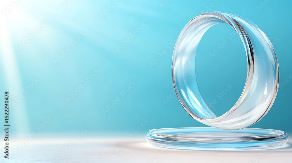 Poster a beautifully crafted clear ring elevated on a surface, illuminated by soft light, creating a serene