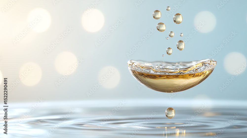 Poster a beautiful splash of liquid creates mesmerizing droplets above a calm water surface against a soft 