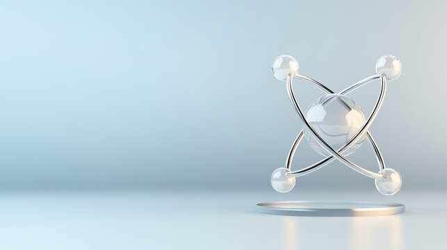 A 3D representation of an atom model, showcasing its structure with electrons orbiting around a nucleus for educational purposes.