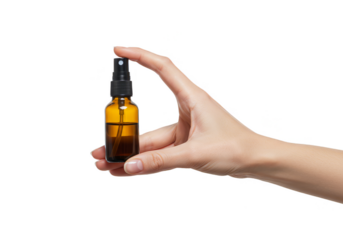 Isolated Close Up of Hand Holding Amber Spray Bottle with Transparent Background