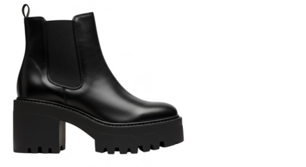 Photorealistic Shiny Black Platform Boot Fashionable Footwear on Transparent