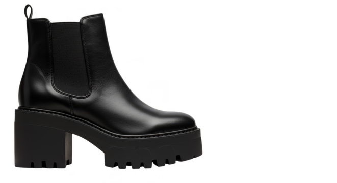 Photorealistic Shiny Black Platform Boot Fashionable Footwear on Transparent