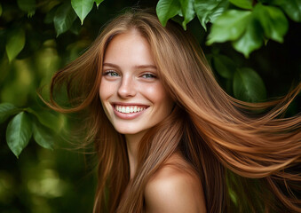 Happy smiling young beautiful woman enjoying summer holiday in exotic resort standing between green tropical leaves.Macro.AI Generative.