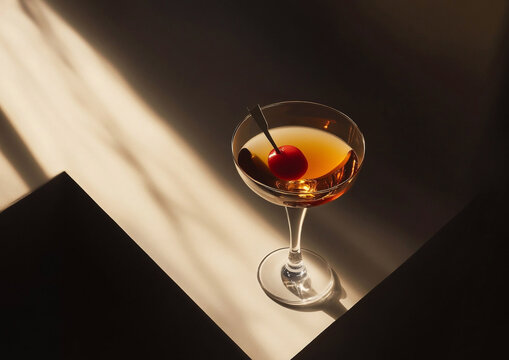 Red cocktail in original martini glass standing on bar table with light and shaddows.Macro.AI Generative.