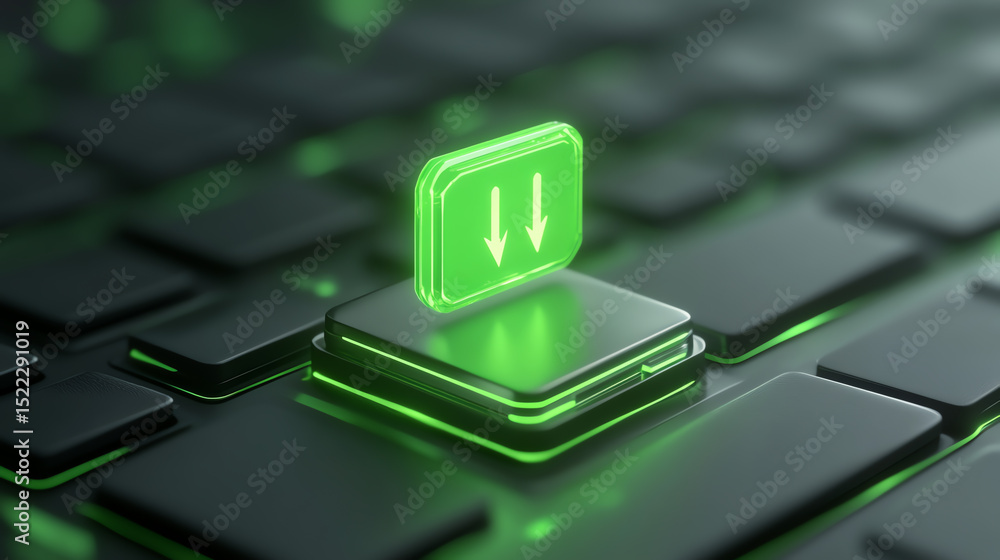 Poster a close-up image of a green download arrow symbol on a sleek black keyboard, symbolizing data transf