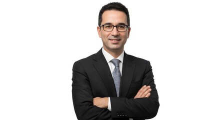 Confident businessman portrait. A professional man in a suit with arms crossed smiles directly at camera, expressing success and leadership.