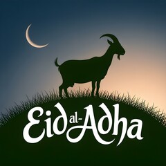 Eid al-Adha Silhouette Design of Goat on Hill with Modern Calligraphy Text

