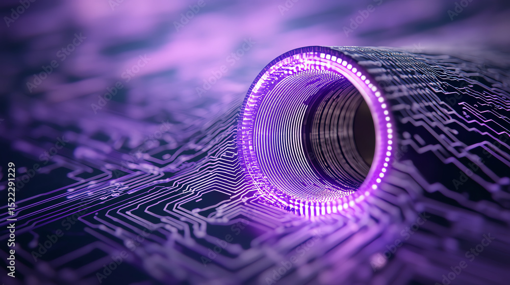Poster A close-up view of a circular electronic component with purple lights, surrounded by intricate circuit patterns, symbolizing innovation.