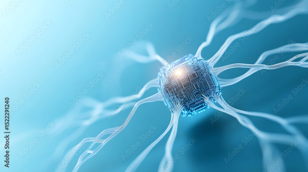 Poster a close-up view of a neuron cell illustrating its complex structure and connections in a vibrant blu